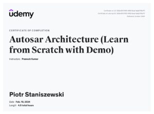 Piotr Staniszewski, CodeVision, certificate of achievement, AUTOSAR Architecture