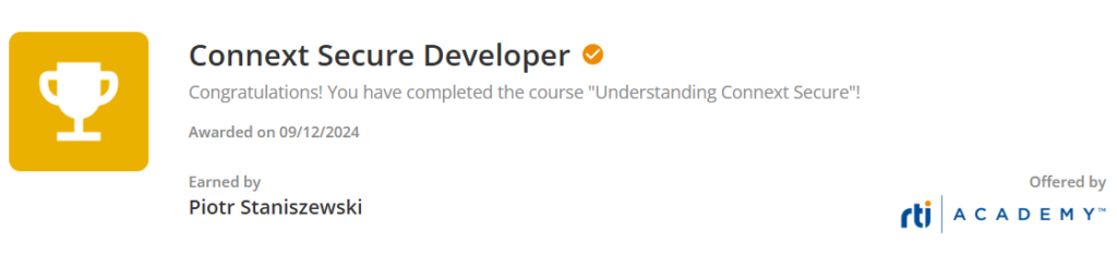 CodeVision Piotr Staniszewski, badge of competion of "Connext Secure Developer" training