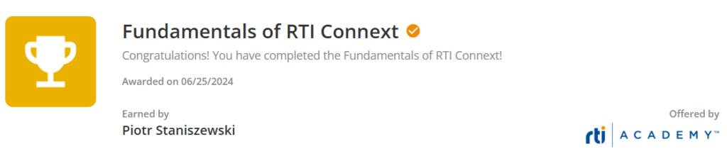 CodeVision Piotr Staniszewski, badge of competion of "Fundamentals of RTI Connext" training