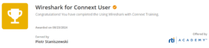 CodeVision Piotr Staniszewski, badge of competion of "Wireshark for Connext User" training