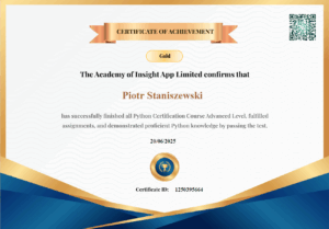 Python certification gold. Advanced level of Python confirmed by fulfilling all assignments and passing the final test.